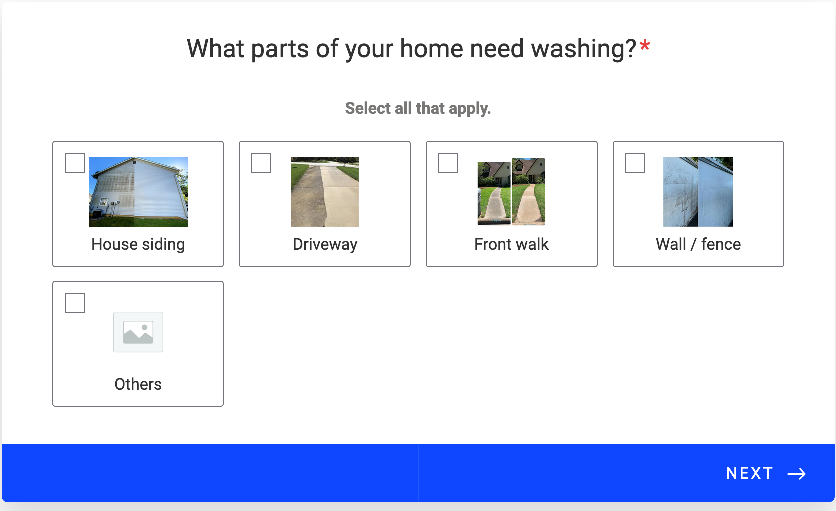 Survey asking what parts of a house need washing, with options: house, driveway, sidewalks, walls, and other.