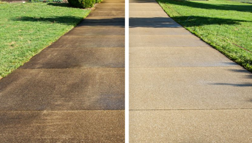 A before-and-after comparison of a dirty concrete sidewalk being pressure washed to a clean, light-colored state.