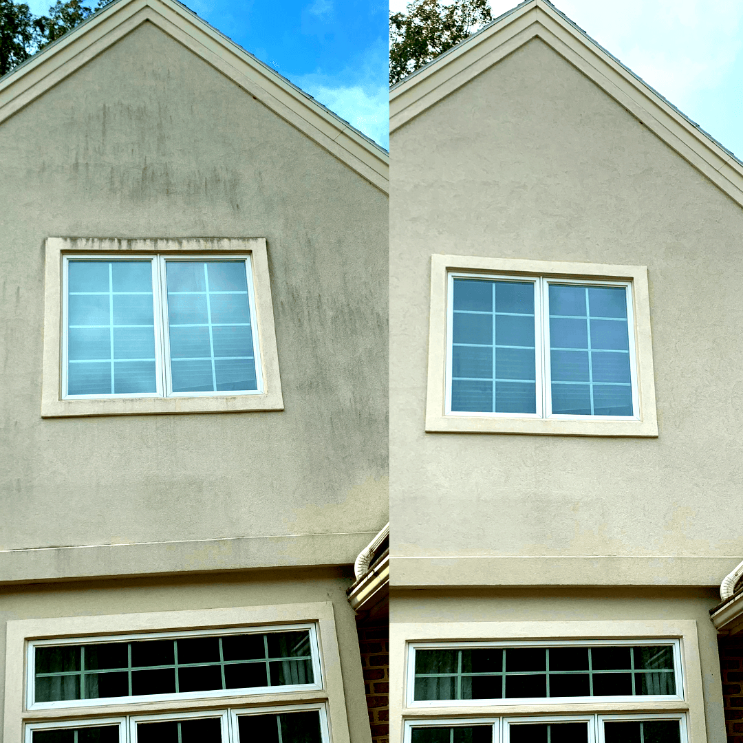 Comparison of a dirty and clean house exterior, showing a window on each side.