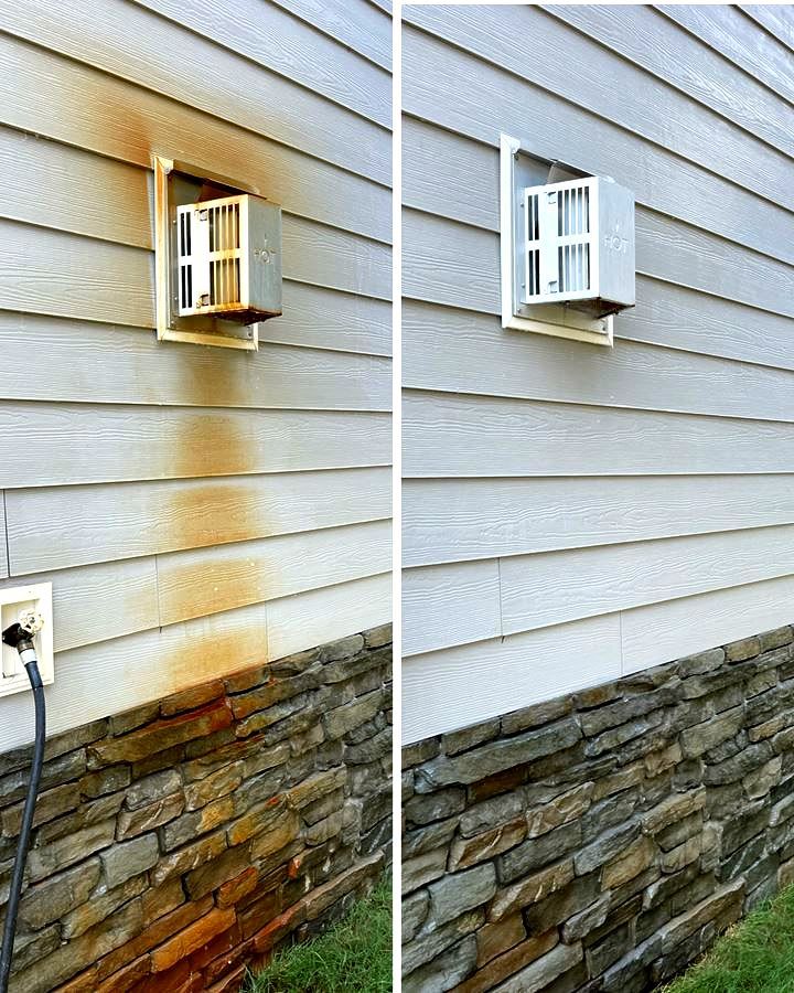 Before and after photo: rusted siding cleaned near air conditioner.