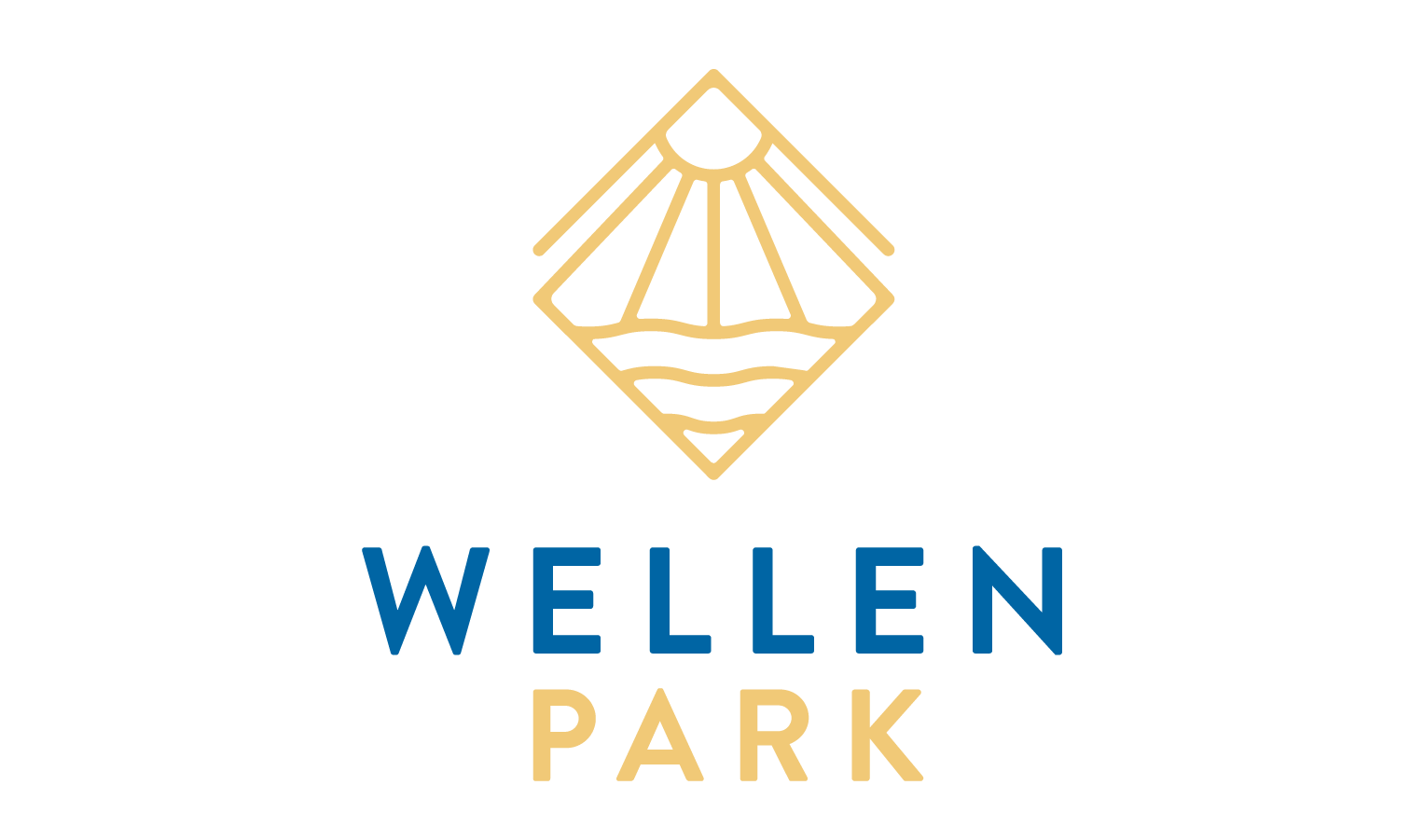 A logo for wellen park with a boat in the middle