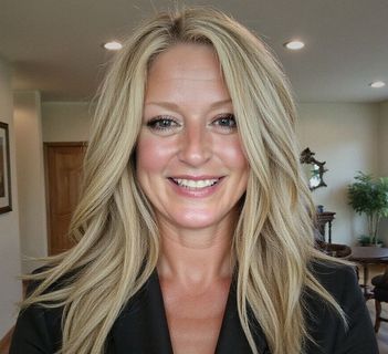 A woman with long blonde hair is smiling and wearing a cross necklace.