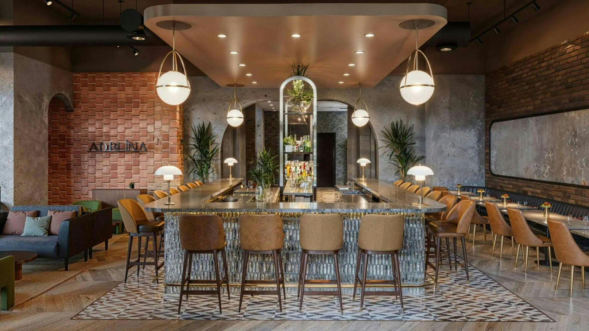 An artist 's impression of a restaurant with a long bar and chairs.