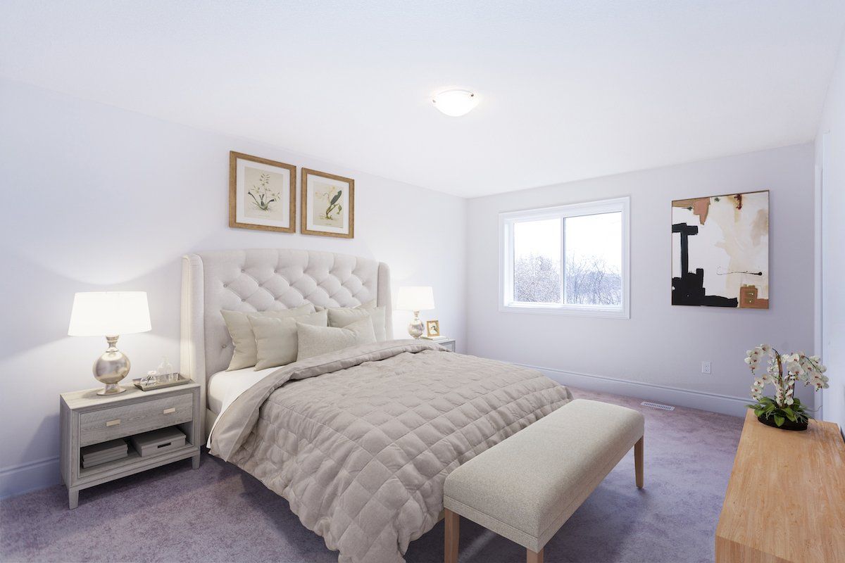 A bedroom with a bed , nightstand , bench and dresser.