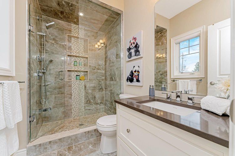 A bathroom with a walk in shower , sink , toilet and mirror.