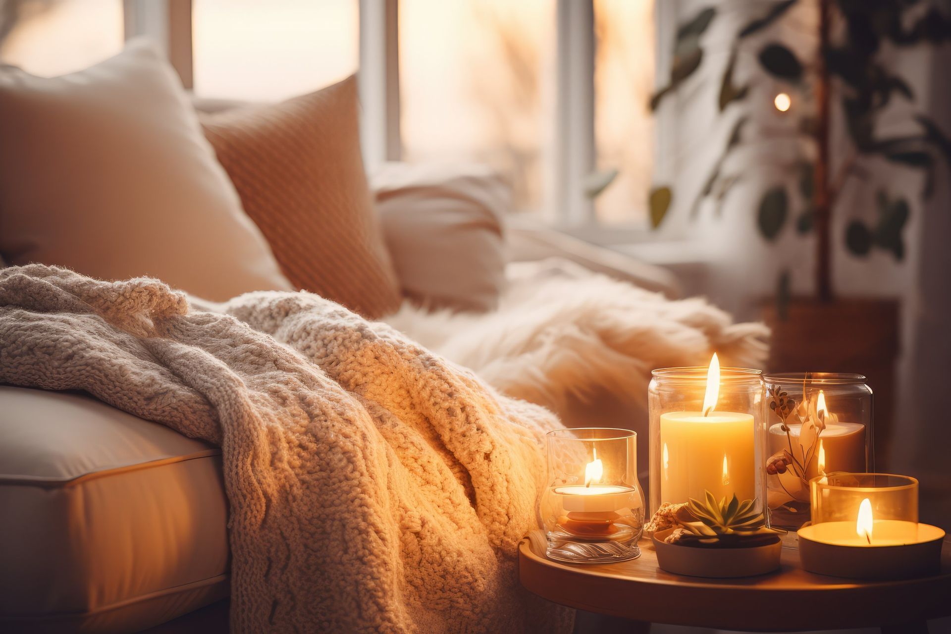 A couch with a blanket and candles on a table in a living room.