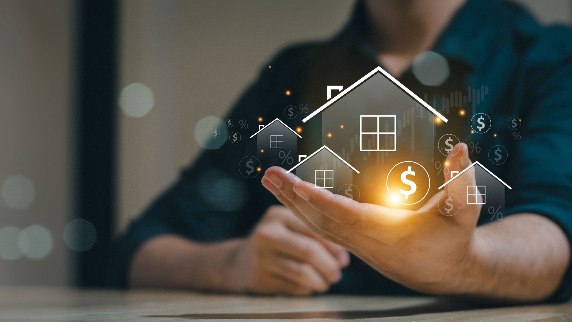 A man is holding a house and a dollar sign in his hand.