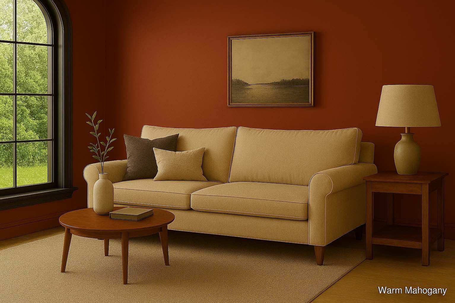 Living room with beige sofa, red walls, wooden furniture, and a window overlooking greenery.
