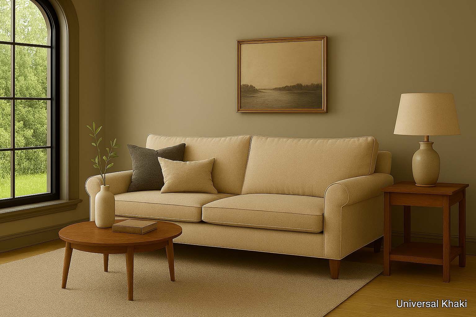 Living room with sofa, coffee table, and lamp. Window with trees visible. Beige and brown tones.