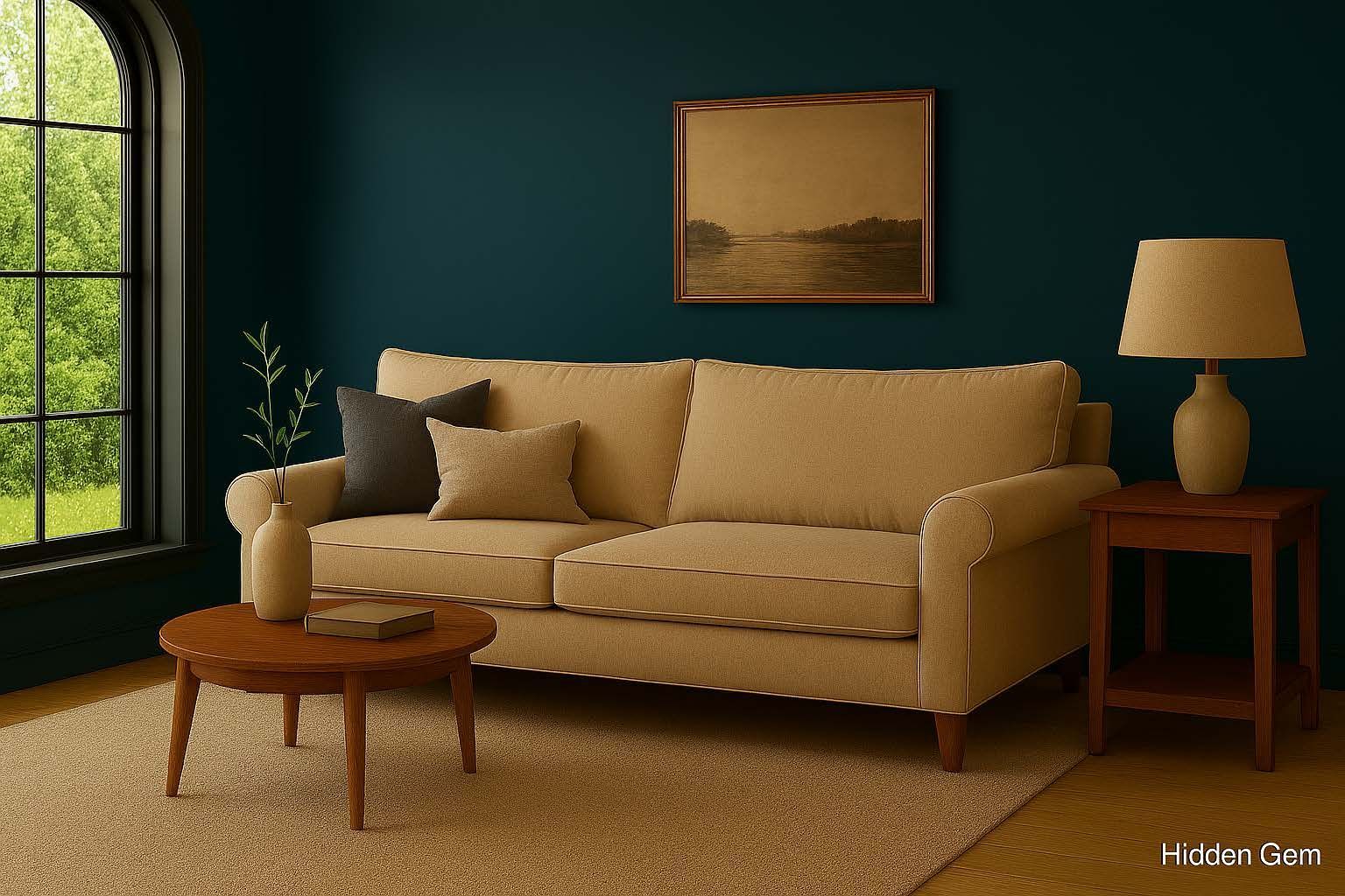 Living room with sofa, coffee table, and lamp. Window with trees visible. Beige and brown tones.