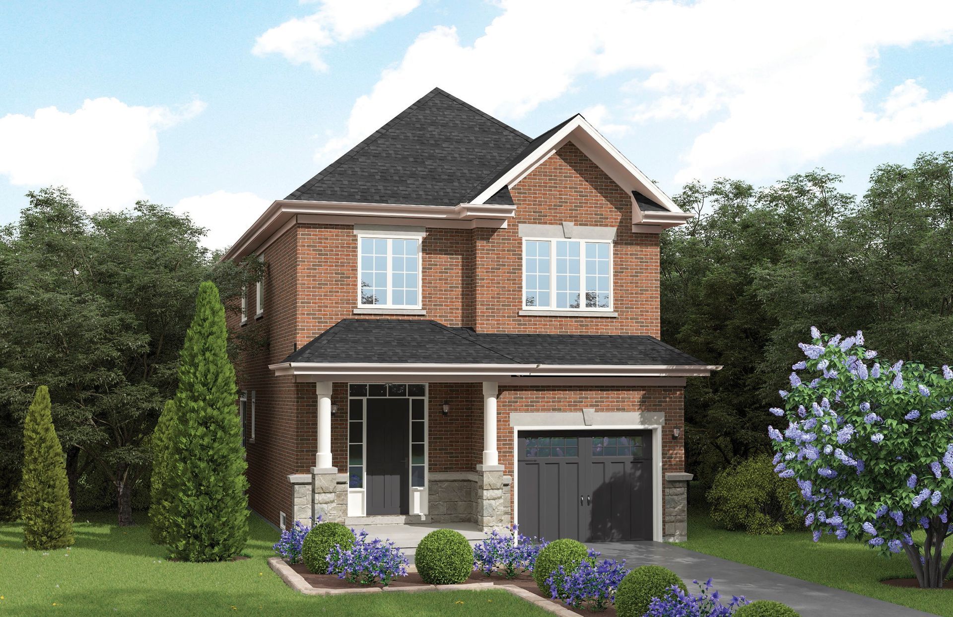 An artist 's impression of a brick house with a black roof