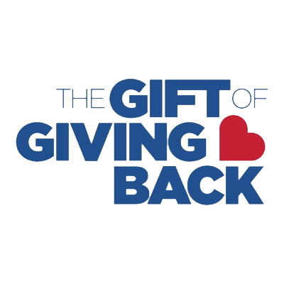 A blue and red logo for the gift of giving back