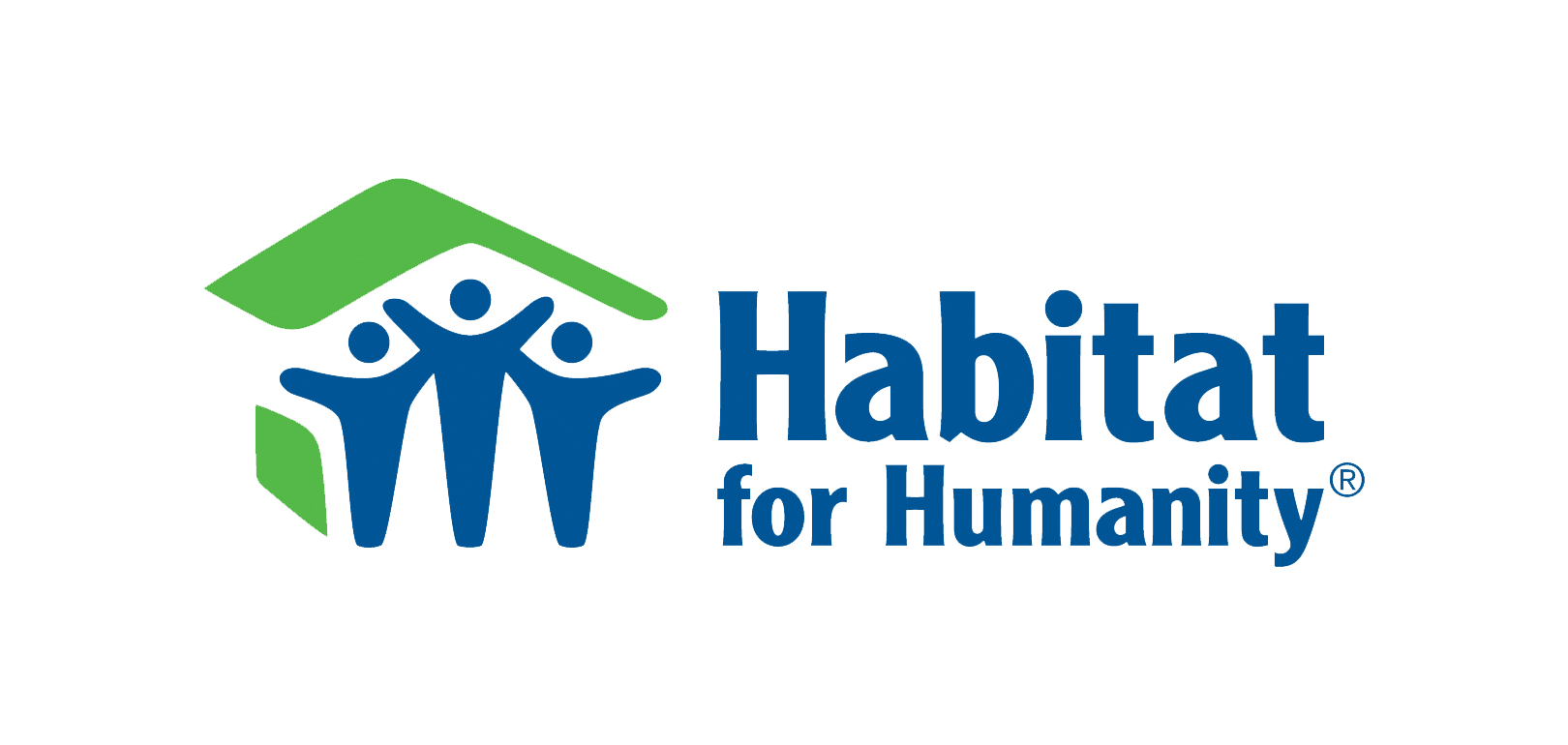 Habitat for Humanity logo: Green roof over three blue figures with arms raised, blue text.