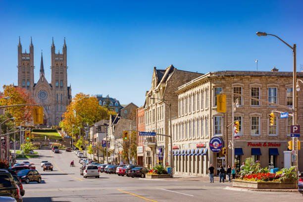 A city street with a cathedral in the background.