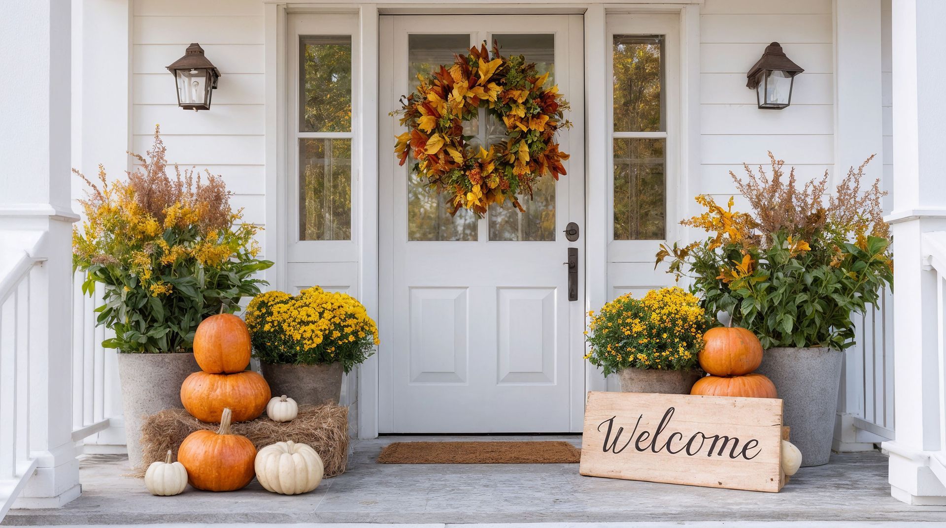 Fall-decorated front porch with a wreath, pumpkins, mums, and a