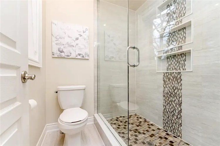 A bathroom with a toilet and a walk in shower.
