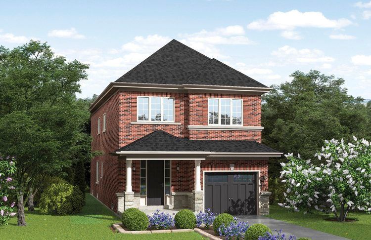 An artist 's impression of a brick house with a black roof.