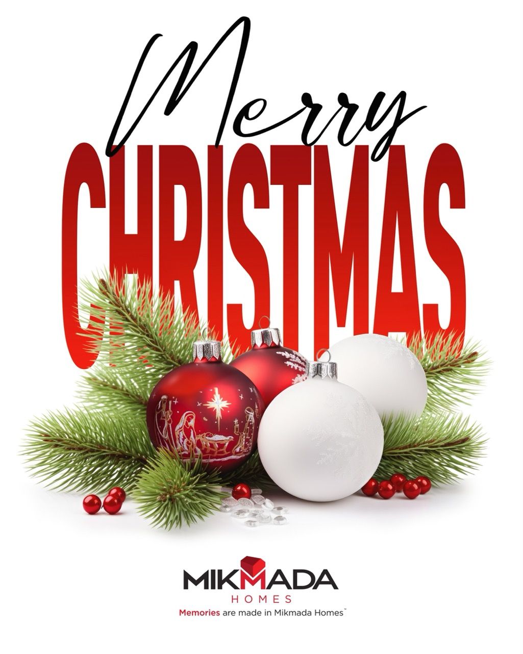 Mikmada Christmas greeting with red text and ornaments.