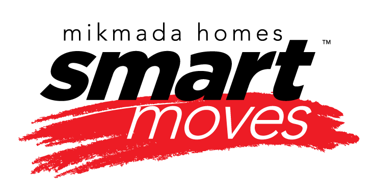 A logo for mikmada homes smart moves with a red brush stroke.