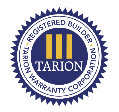 TARIon Registered Builder logo in blue and gold. Circle seal with text and vertical gold bars.