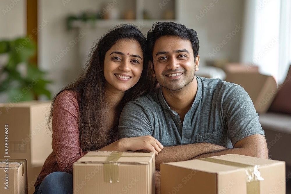 Smiling couple sitting among moving boxes, indoors.
