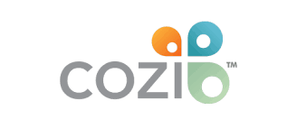 Cozi logo: gray text with a colorful flower graphic, orange, teal, and green elements.