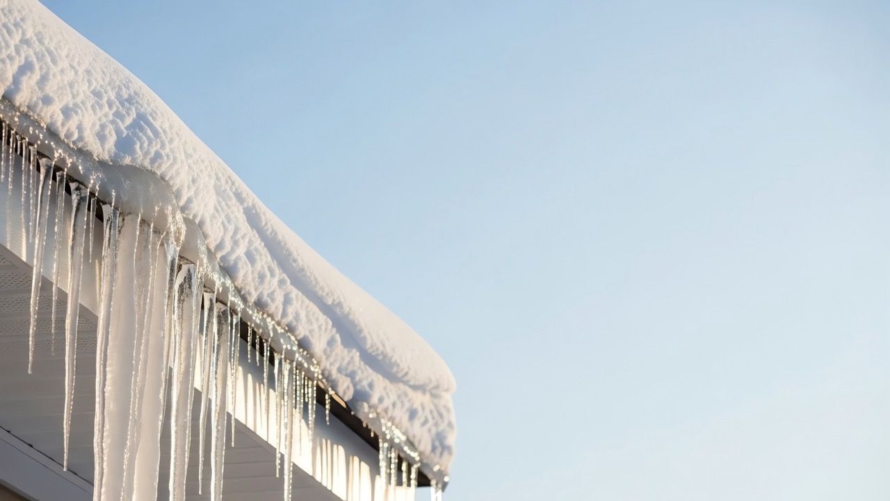 Snow-covered roof with large icicles hanging against a clear, blue sky.