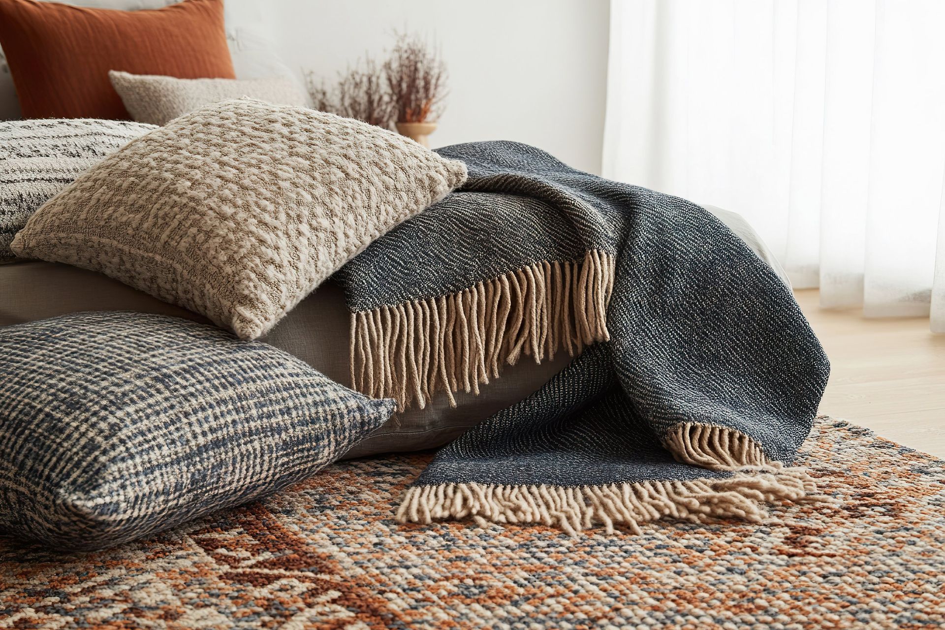 A bed with a blanket and pillows on it and a rug on the floor.