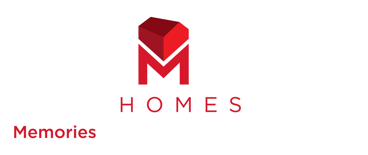 A logo for homes memories with a red m on a white background