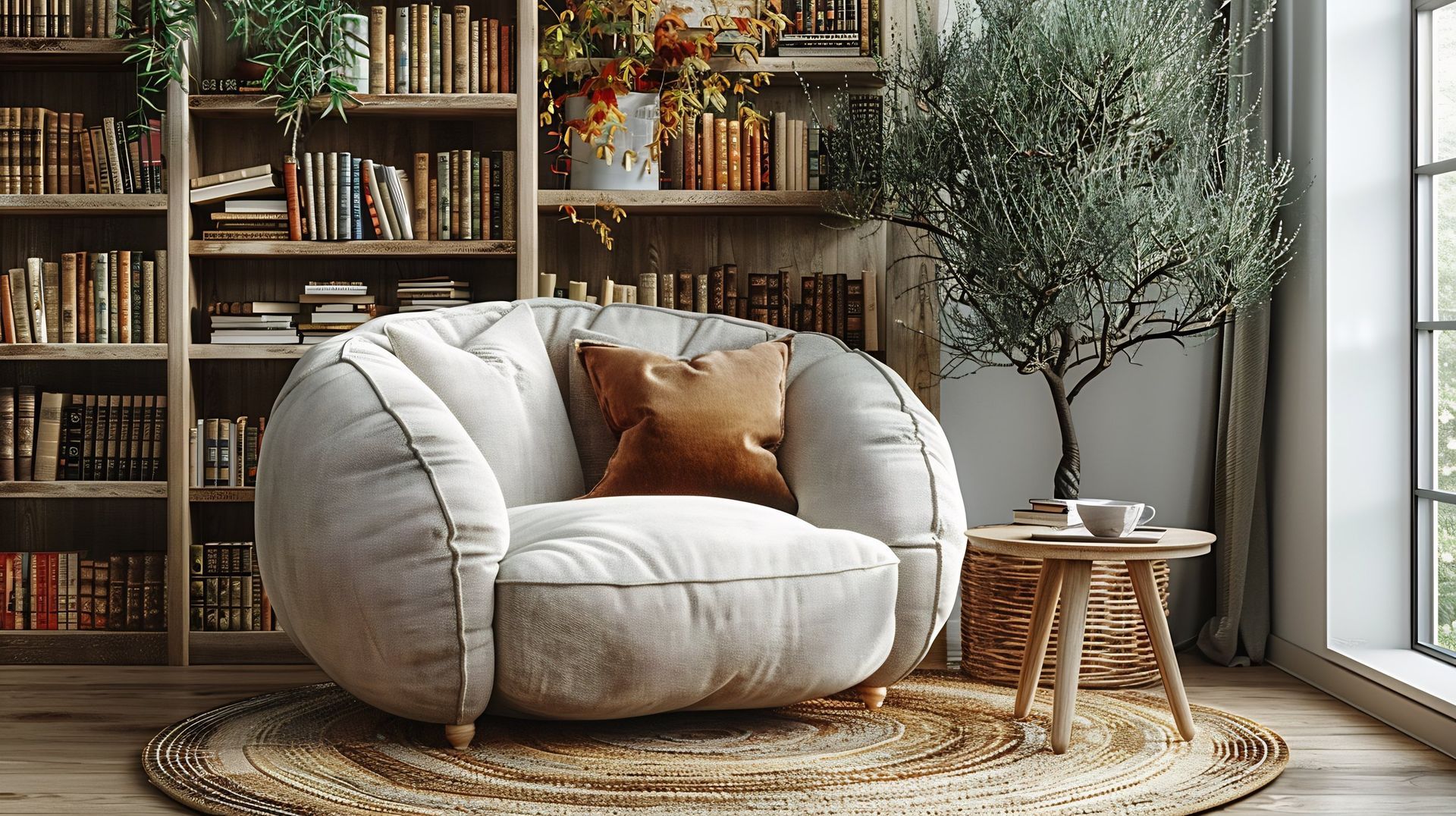 A living room with a large bean bag chair and a bookshelf.