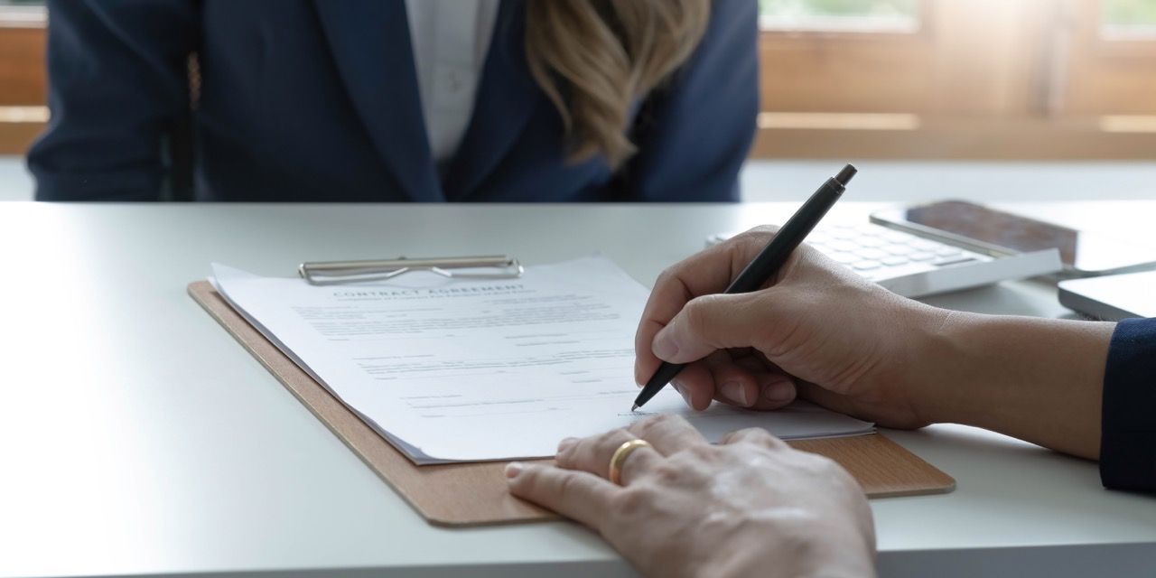 Person signing a document on a clipboard at a desk. Another person is seated opposite.
