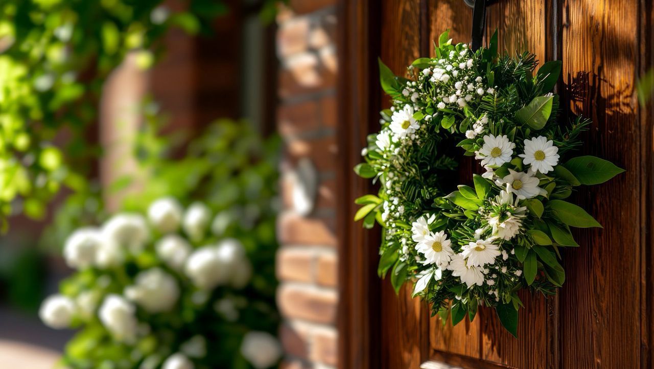 A floral wreath with small yellow flowers and dried greenery hanging on a dark gray panelled door.