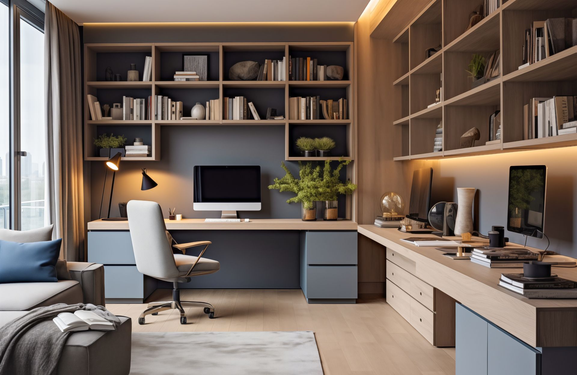 A home office with a desk , chair , computer and shelves.