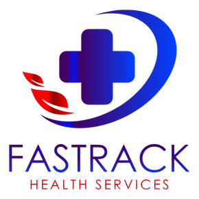 Logo for Fastrack Health Services: Blue cross within a blue arc, red leaf, and text.
