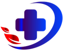 Blue cross emblem with a curved blue arc and red leaves.