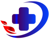 Blue cross emblem with a curved blue arc and red leaves.