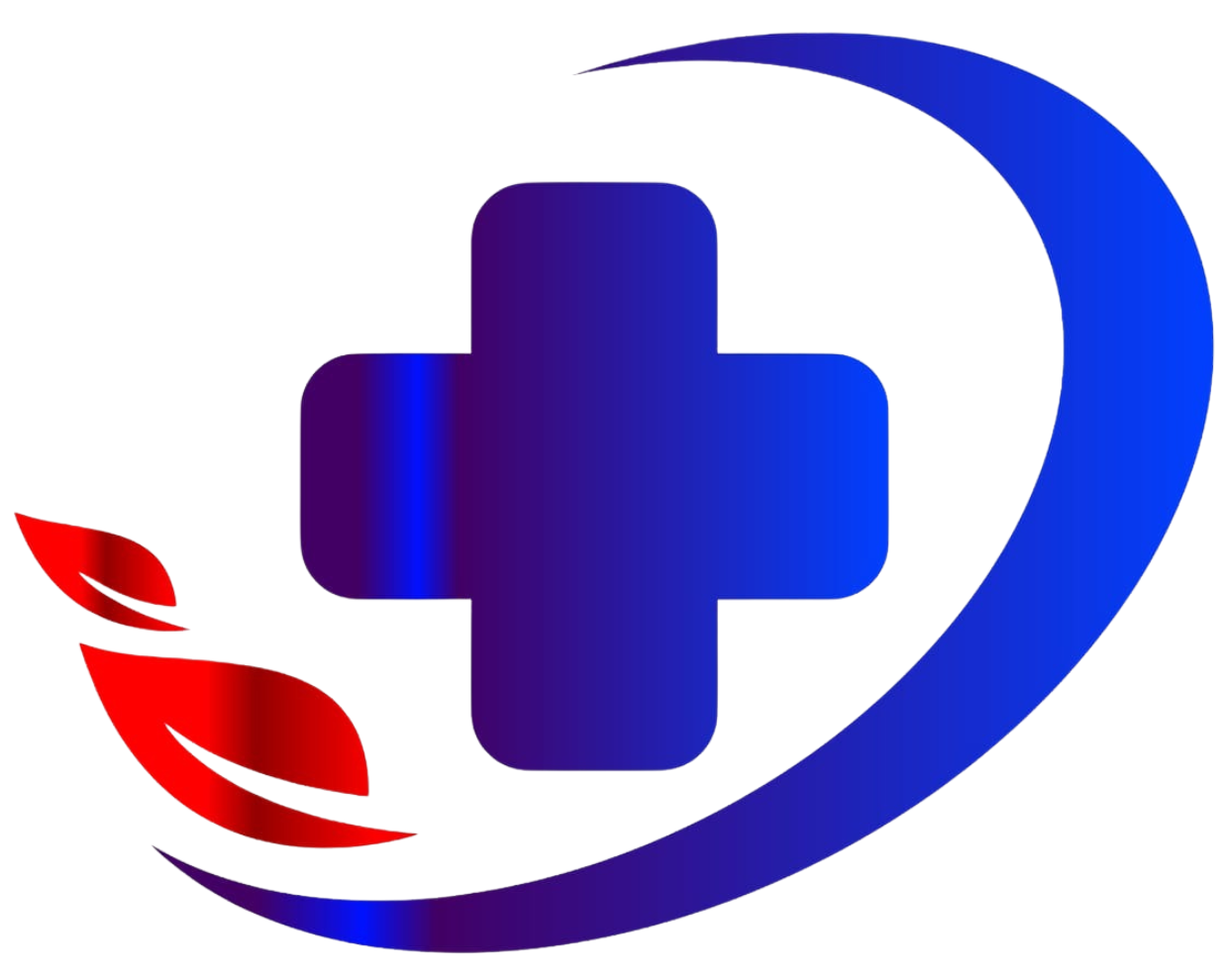 Blue cross emblem with a curved blue arc and red leaves.