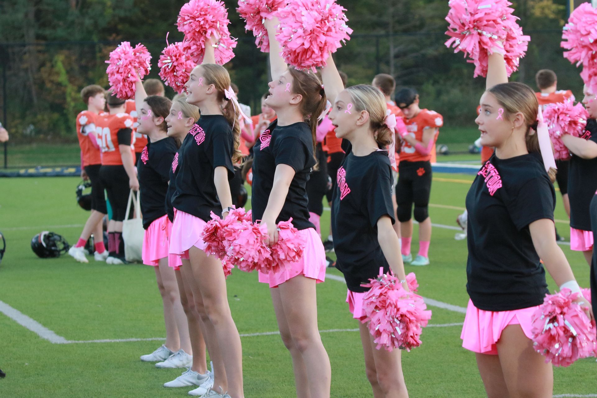 Cheerleaders in black and pink uniforms holding pink pom-poms on a grassy field during practice