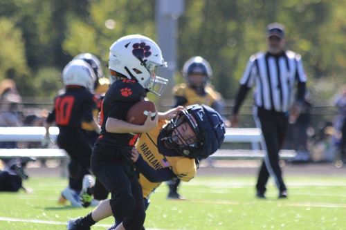 Youth football players tackling on a sunny field, with a referee watching in the background