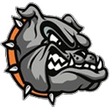 Aggressive gray bulldog mascot logo with orange spikes and a snarling expression