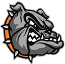 Grey bulldog mascot head with orange collar and bared teeth, facing right