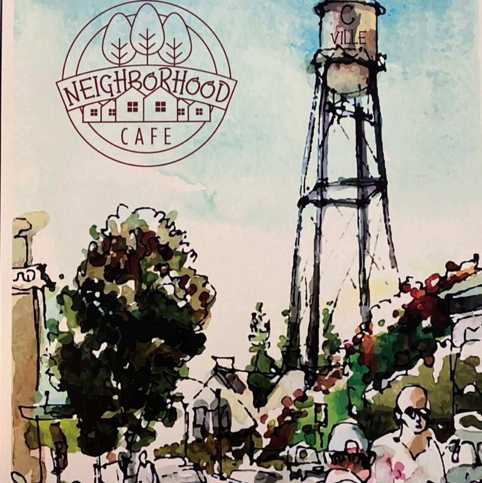 Neighborhood Cafe sign with water tower, trees, and people in a watercolor street scene