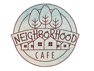 Neighborhood Cafe logo with trees and small houses in muted brown and green