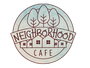 Neighborhood Cafe logo with trees and small houses in muted brown and green