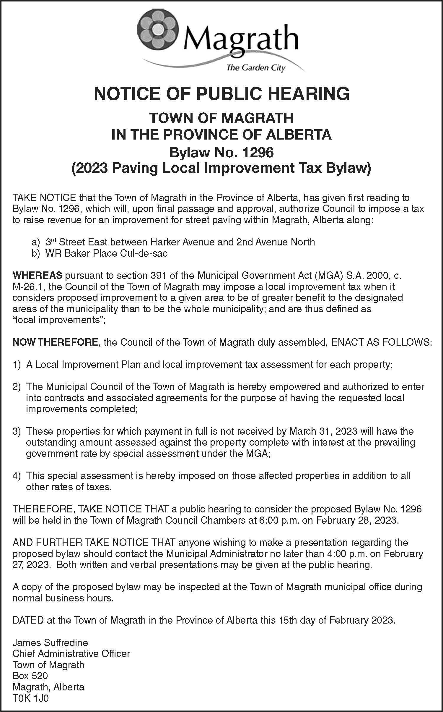 Notice Of Public Hearing - Proposed Bylaw 1296 - 2023 Paving Local ...