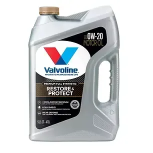 Valvoline motor oil container with 0W-20, Restore & Protect label; silver and black.