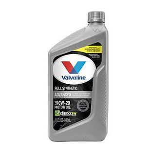 Bottle of Valvoline 5W-20 full synthetic motor oil. Gray bottle with blue, red, white, and black labeling.