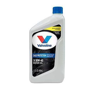 Valvoline 10W-40 motor oil bottle, white with blue cap, logo, and product details on the label.