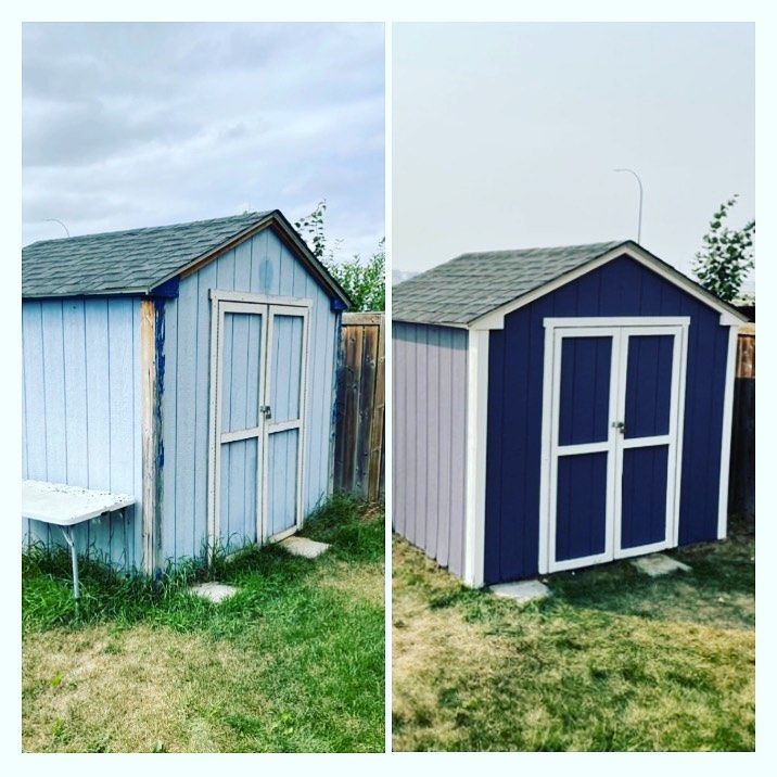 A before and after photo of a blue and white shed