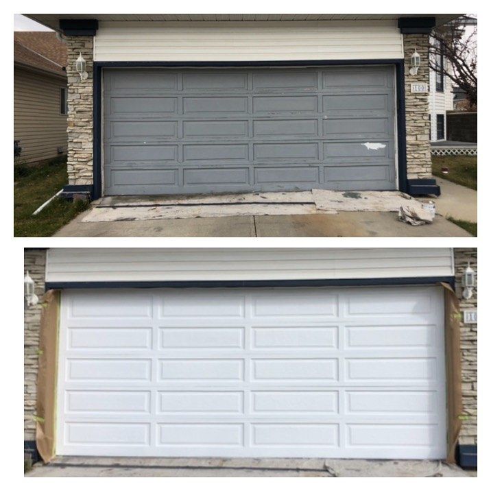 A before and after picture of a garage door being painted white.